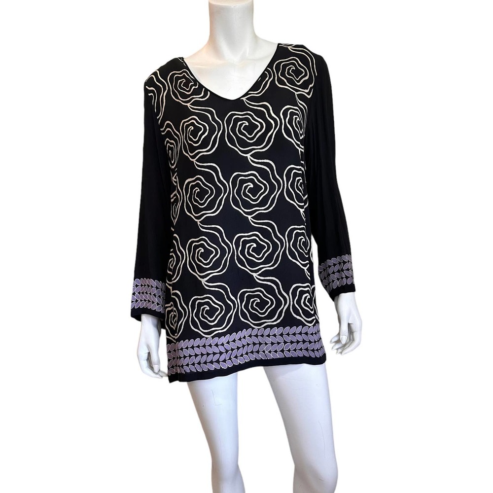 Harshita Silk Black White Geometric Design Long Sleeve Tunic Made in USA sz M